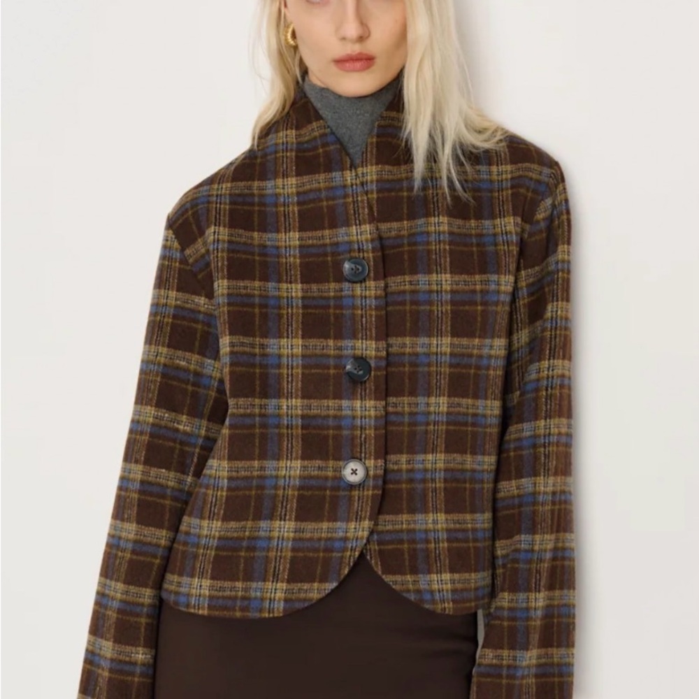 Reformation Brown and Blue Plaid Blazer